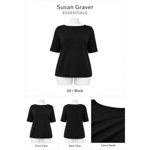 Susan Graver Essentials Black Bateau Neck Elbow Sleeve Top Plus 3X New
